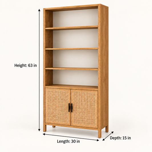 Cane Door Wooden Bookshelf in Honey Oak, dimensions view