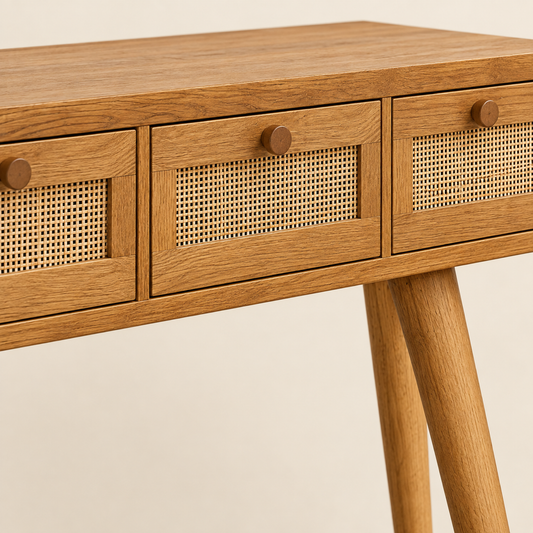 Cane Front Wooden Console Table in Honey Oak, detail close-up