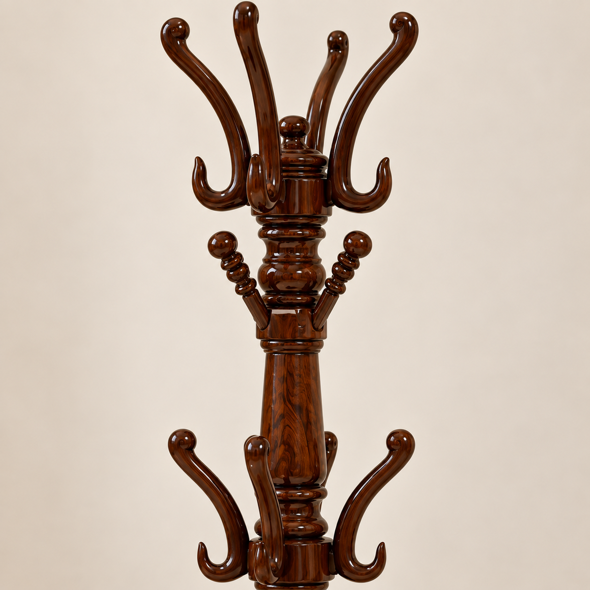 Carved Wooden Coat Stand in Warm Brown, detail close-up