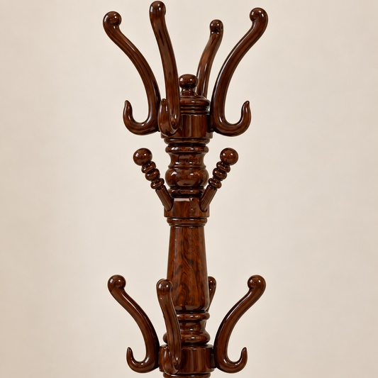 Carved Wooden Coat Stand in Warm Brown, detail close-up