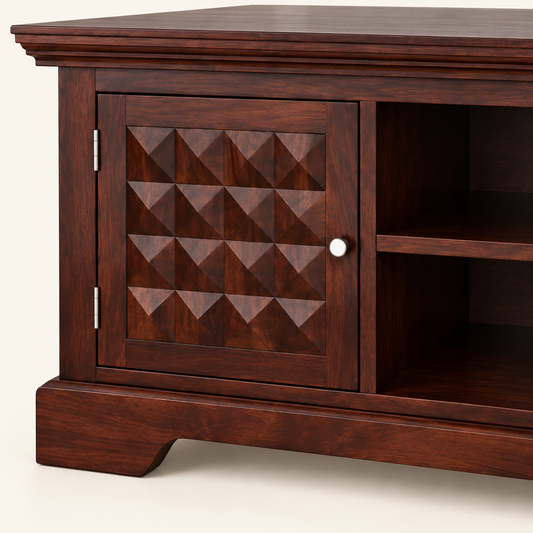 Geometric Carved Wooden TV Unit in Walnut, detail close-up