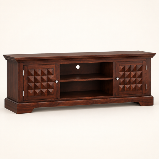 Geometric Carved Wooden TV Unit in Walnut, clean studio view