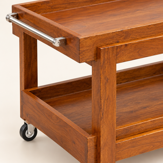 Three-Tier Wooden Serving Trolley in Warm Brown, detail close-up