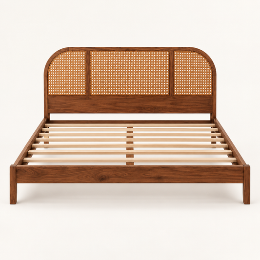 Arched Cane Wooden Bed in teak wood — front studio view of bare frame