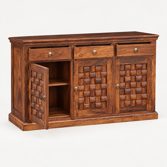 Basket Weave Wooden Sideboard with Three Drawers in walnut brown finish – angled side studio view
