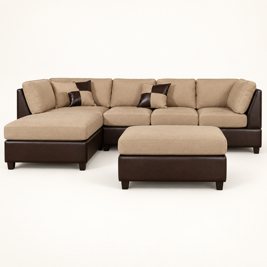 Beige Suede and Leatherette L-Shaped Sofa with Ottoman — front studio view