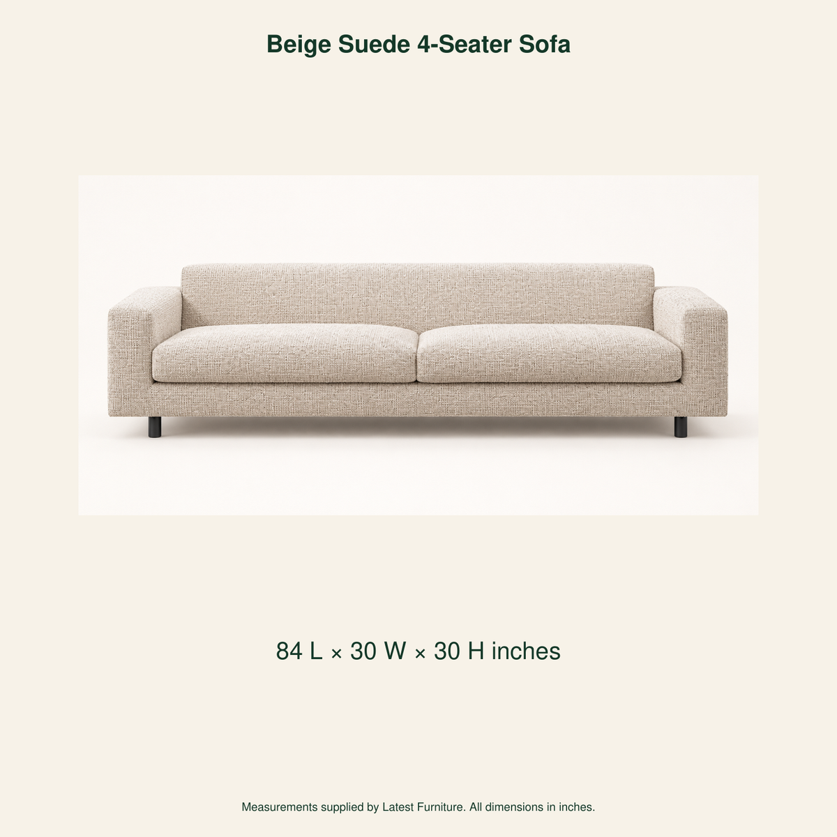 Beige Suede Four-Seater Sofa – product dimensions in inches