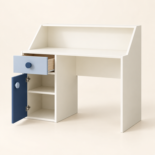 Kids study table showing open drawer and two fixed cabinet shelves