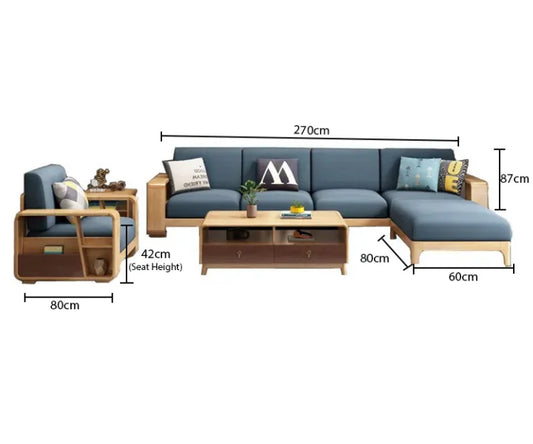 Blue Suede Teak Wood L-Shaped Sofa Set with Armchair — dimension guide