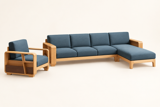 Blue Suede Teak Wood L-Shaped Sofa Set with Armchair — side studio view