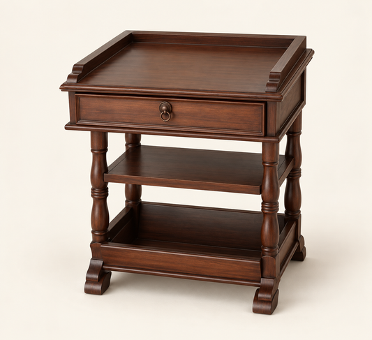 Classic Two-Drawer Brown Wooden Bedside Table — front studio view