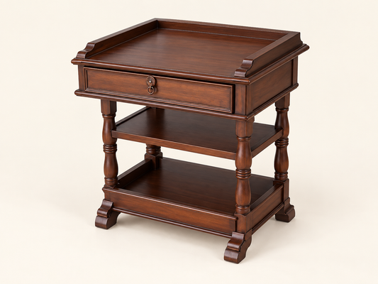 Classic Two-Drawer Brown Wooden Bedside Table — side studio view
