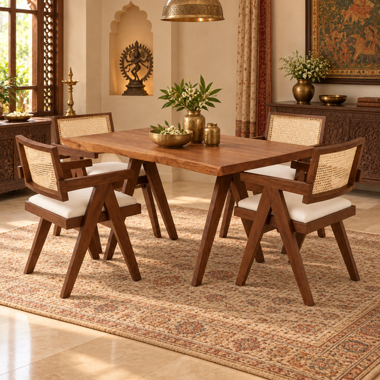 A wooden dining table with four matching armchairs featuring woven cane backs and white upholstered seats, arranged on a patterned area rug in a richly decorated traditional dining room.