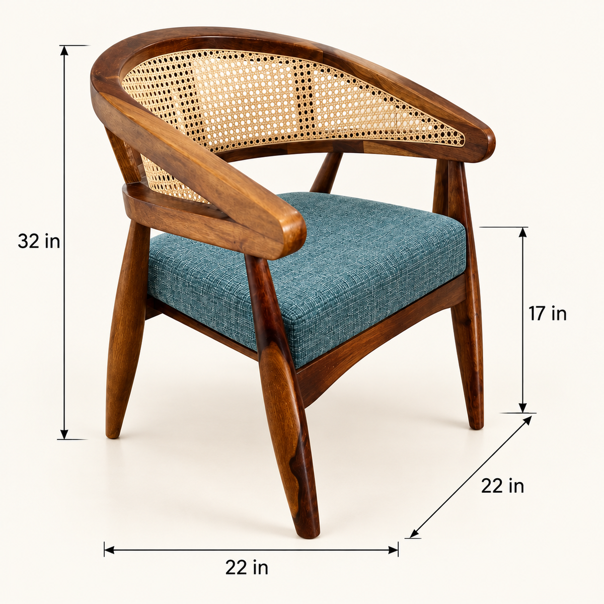 Cane-Back Wooden Armchair with Teal Seat dimension image showing 22 in W × 22 in D × 32 in H (approx. 55.9 × 55.9 × 81.3 cm) and 17 in (approx. 43.2 cm) seat height.