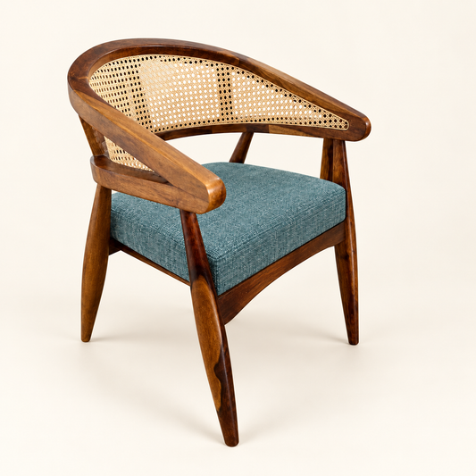 Cane-Back Wooden Armchair with Teal Seat on a clean studio background, showing the complete design.