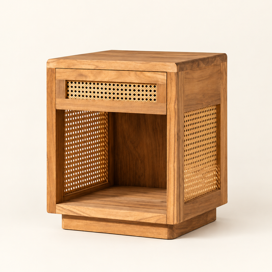 Cane Bedside Table with Open Shelf clean studio view with storage closed