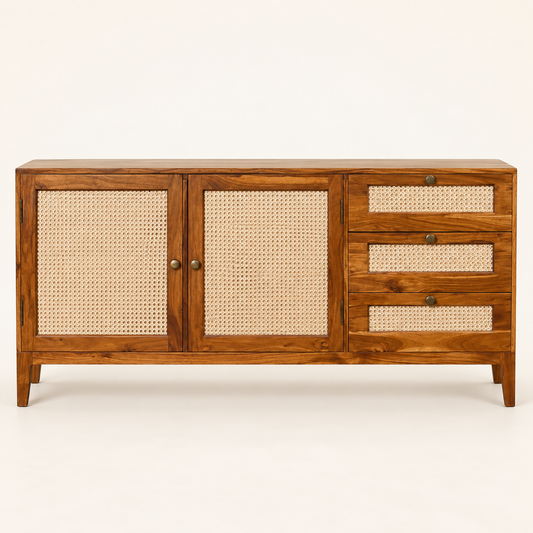 Cane Door and Drawer Wooden Sideboard in honey brown finish – front studio view