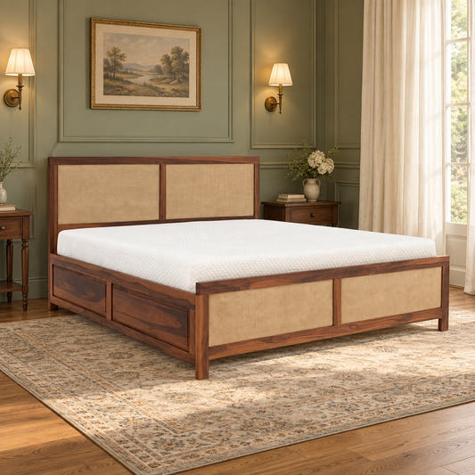 Cane Panel Headboard Storage Bed in a bedroom, side view