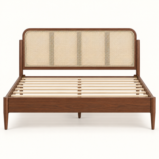 Cane Panel Wooden Bed in teak wood — front studio view of bare frame