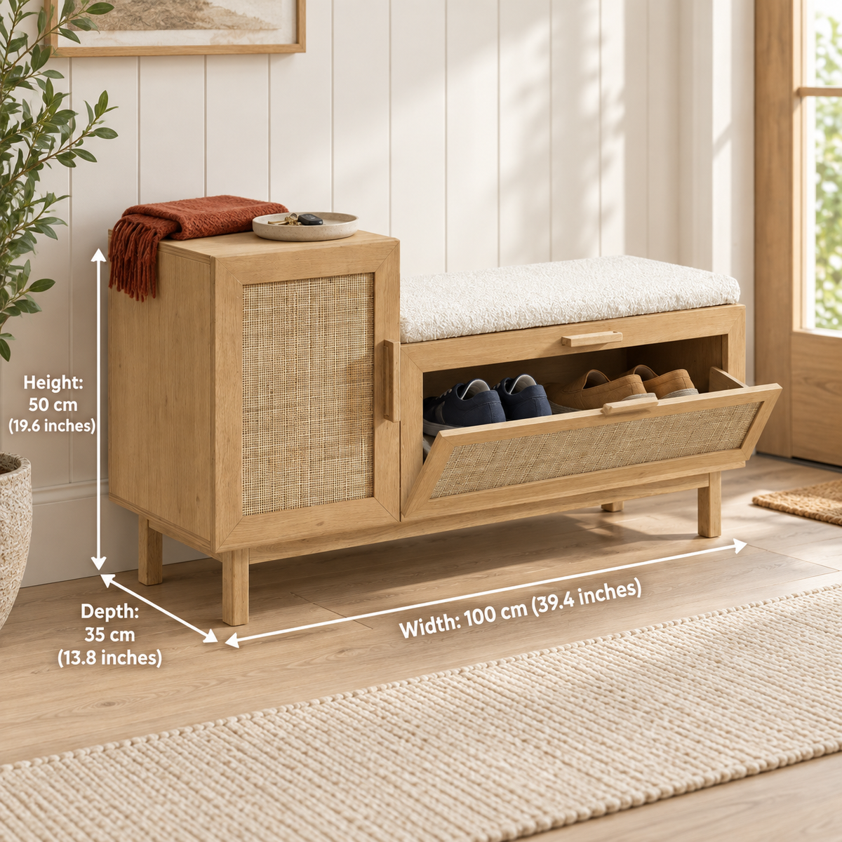 Cane shoe rack measuring 100 cm wide, 35 cm deep and 50 cm high