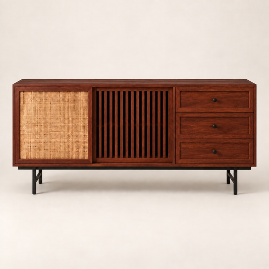 Cane and Slatted Wooden Sideboard with Three Drawers in rich mahogany finish – front studio view