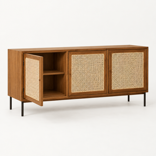 Cane Wooden Sideboard with Metal Legs in warm brown finish – angled side studio view