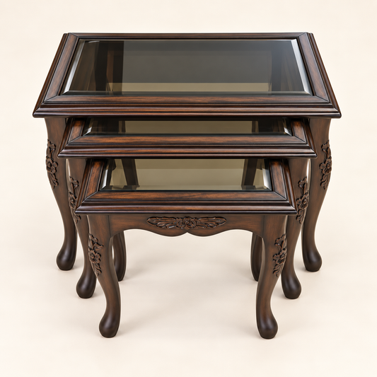Carved Glass-Top Nesting Tables – Set of 3 front studio view