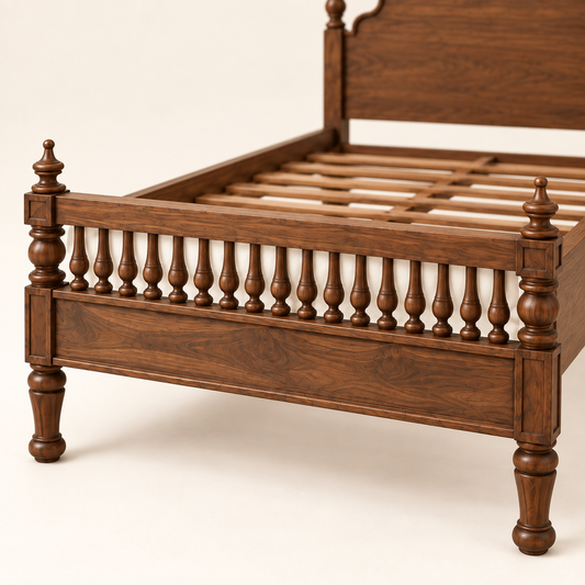 Carved Poster Wooden Bed in teak wood — close-up of footboard