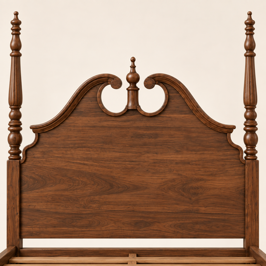 Carved Poster Wooden Bed in teak wood — close-up of headboard