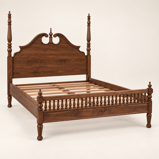 Carved Poster Wooden Bed in teak wood — side studio view of bare frame