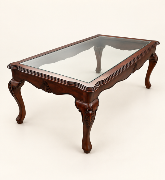 Carved Teak Wood Centre Table Without Glass — side studio view