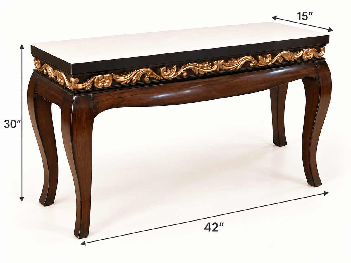 Large Carved Teak Wood Console Table — dimension diagram; 48 in L × 15 in D × 36 in H