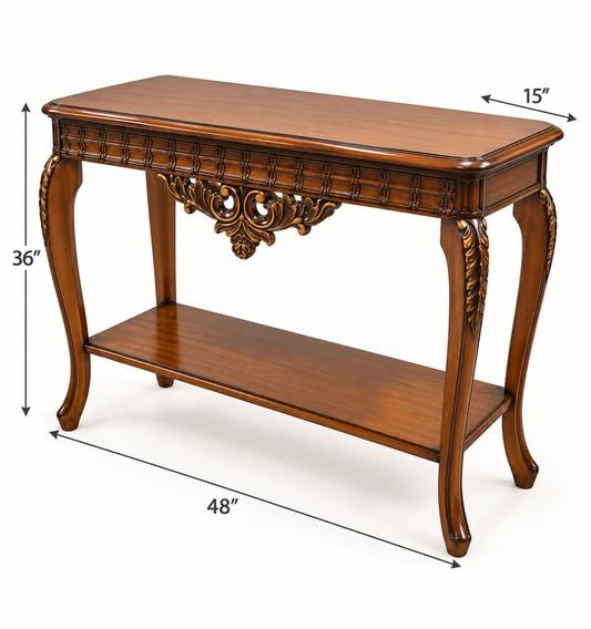 Small Carved Teak Wood Console Table — dimension diagram; 24 in L × 15 in D × 30 in H