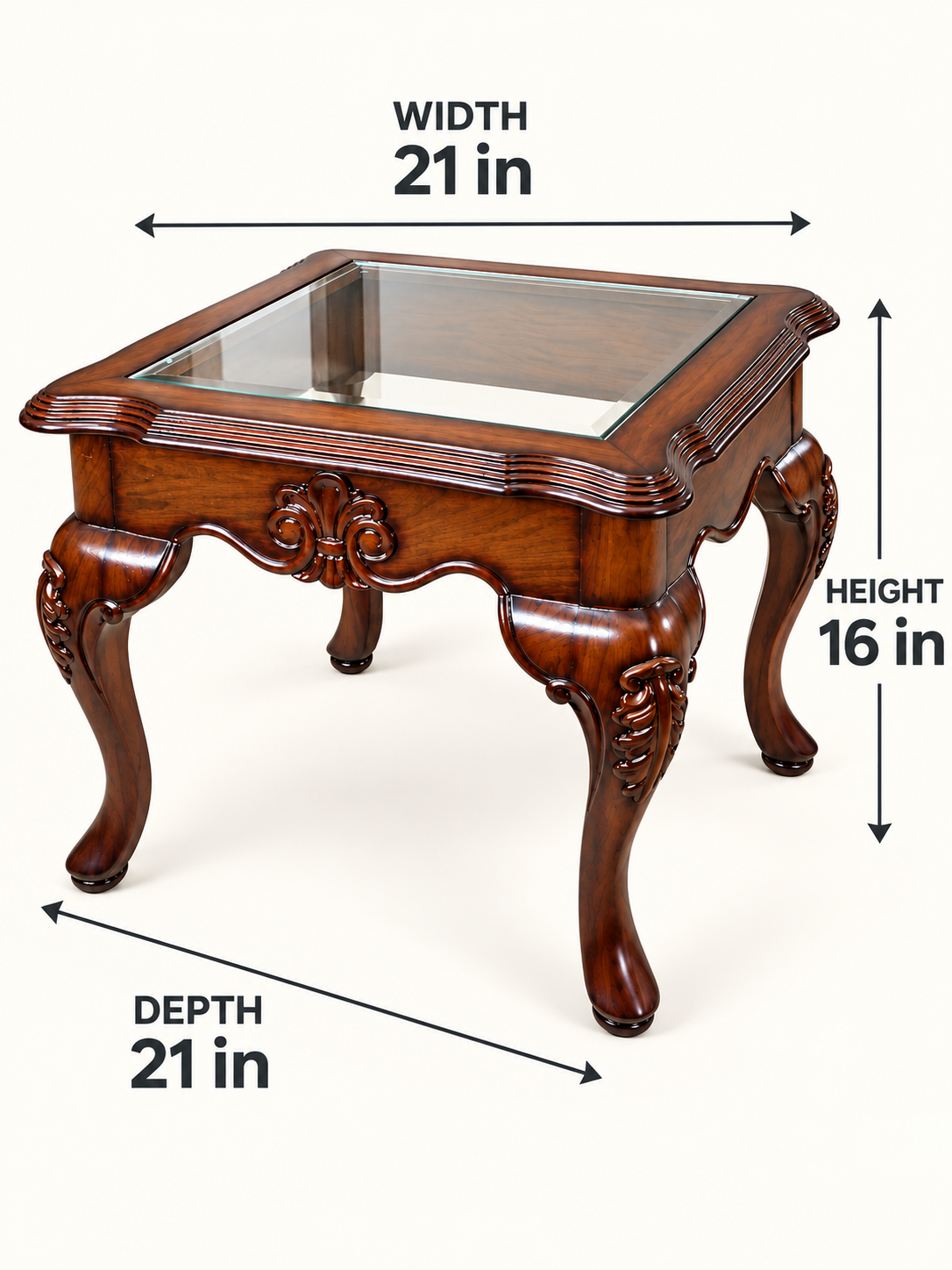 Carved Teak Wood Side Table Without Glass — dimension diagram; 21 in W × 21 in D × 16 in H
