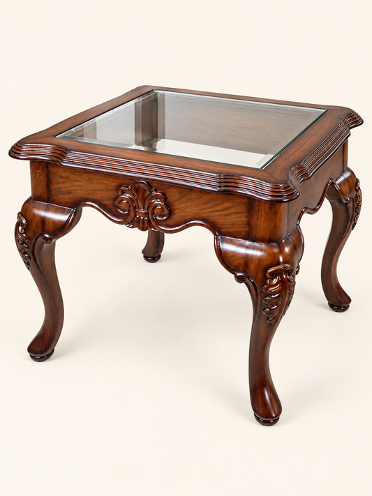 Carved Teak Wood Side Table Without Glass — side studio view