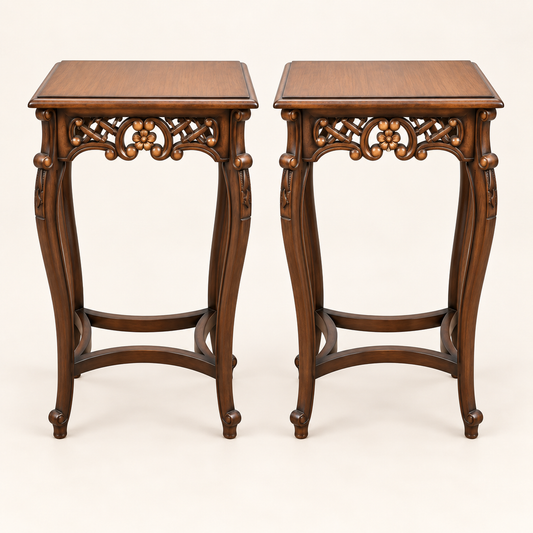 Carved Wooden Pedestal Table in Dark Walnut Finish front studio view
