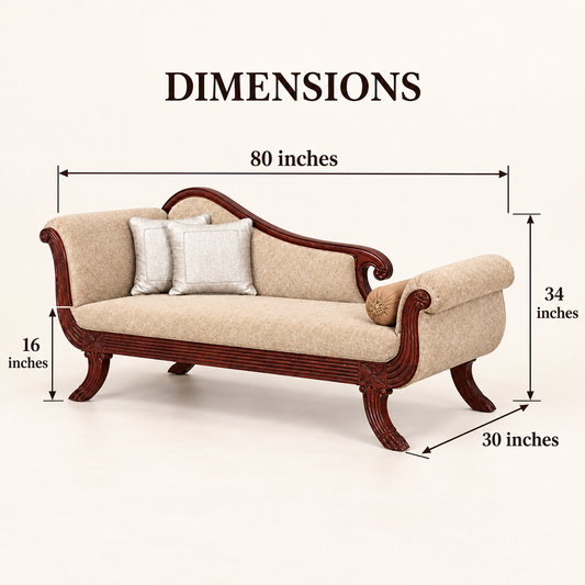 Champagne Beige Carved Teak Wood Couch — dimension diagram