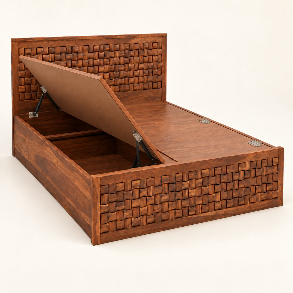 A wooden storage bed with a lift-up lid, featuring a woven basket-style pattern on the headboard and side panels, shown on a light cream background.