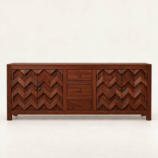 Chevron Wooden Sideboard with Three Drawers in rich mahogany finish – front studio view