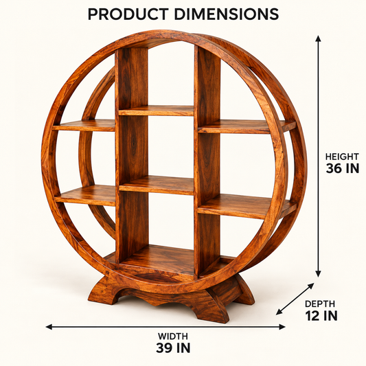 Dimensions of circular solid Sheesham wood bookshelf