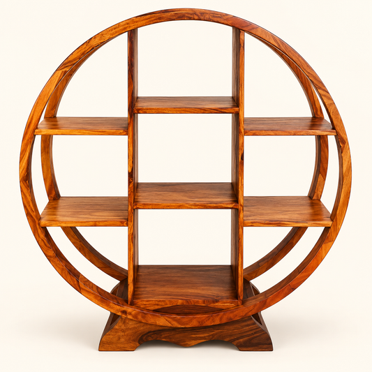Front view of circular solid Sheesham wood bookshelf