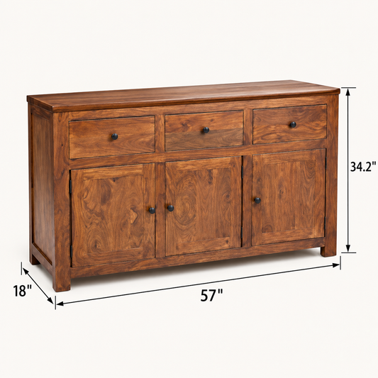 Classic Wooden Sideboard with Three Drawers in natural teak-tone finish – lifestyle setting