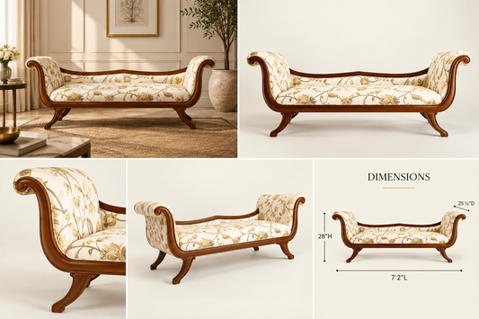 Angled studio view of classic wooden upholstered couch in walnut-tone finish