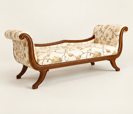 Side studio view of classic teak wood couch showing curved wooden frame and legs