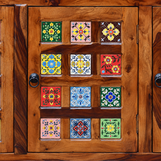 Colourful Ceramic Tile Wooden Sideboard in dark brown finish – material and detail close-up