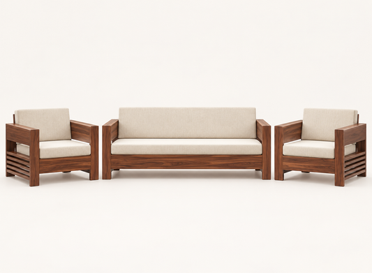 Cream Slab-Arm Teak Wood Sofa Set (3+1+1) angled view view