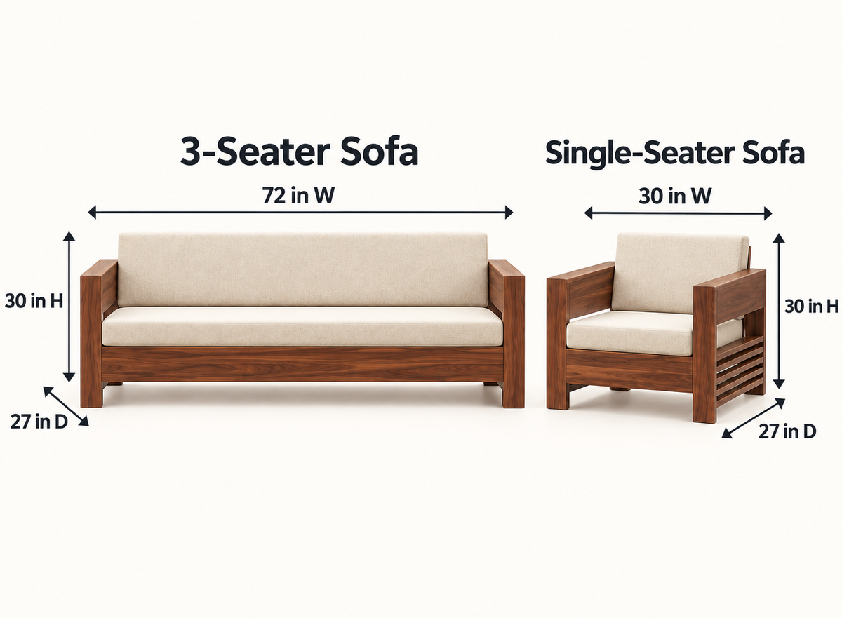 Cream Slab-Arm Teak Wood Sofa Set (3+1+1) dimensions view