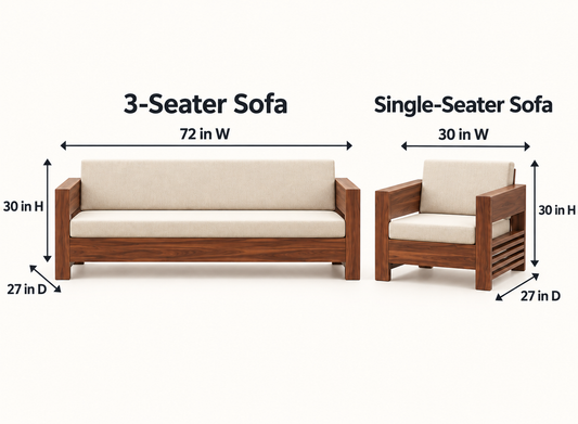 Cream Slab-Arm Teak Wood Sofa Set (3+1+1) dimensions view