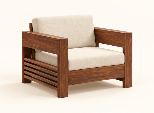 Cream Slab-Arm Teak Wood Sofa Set (3+1+1) single seater view