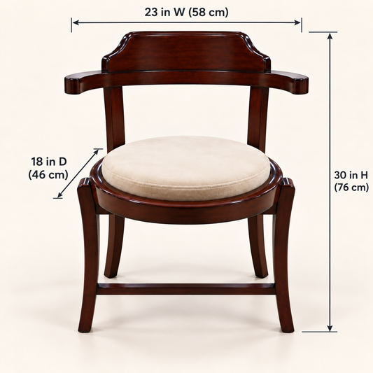 Curved-Back Teak Wood Accent Chair with Round Cushion dimensions and measurements